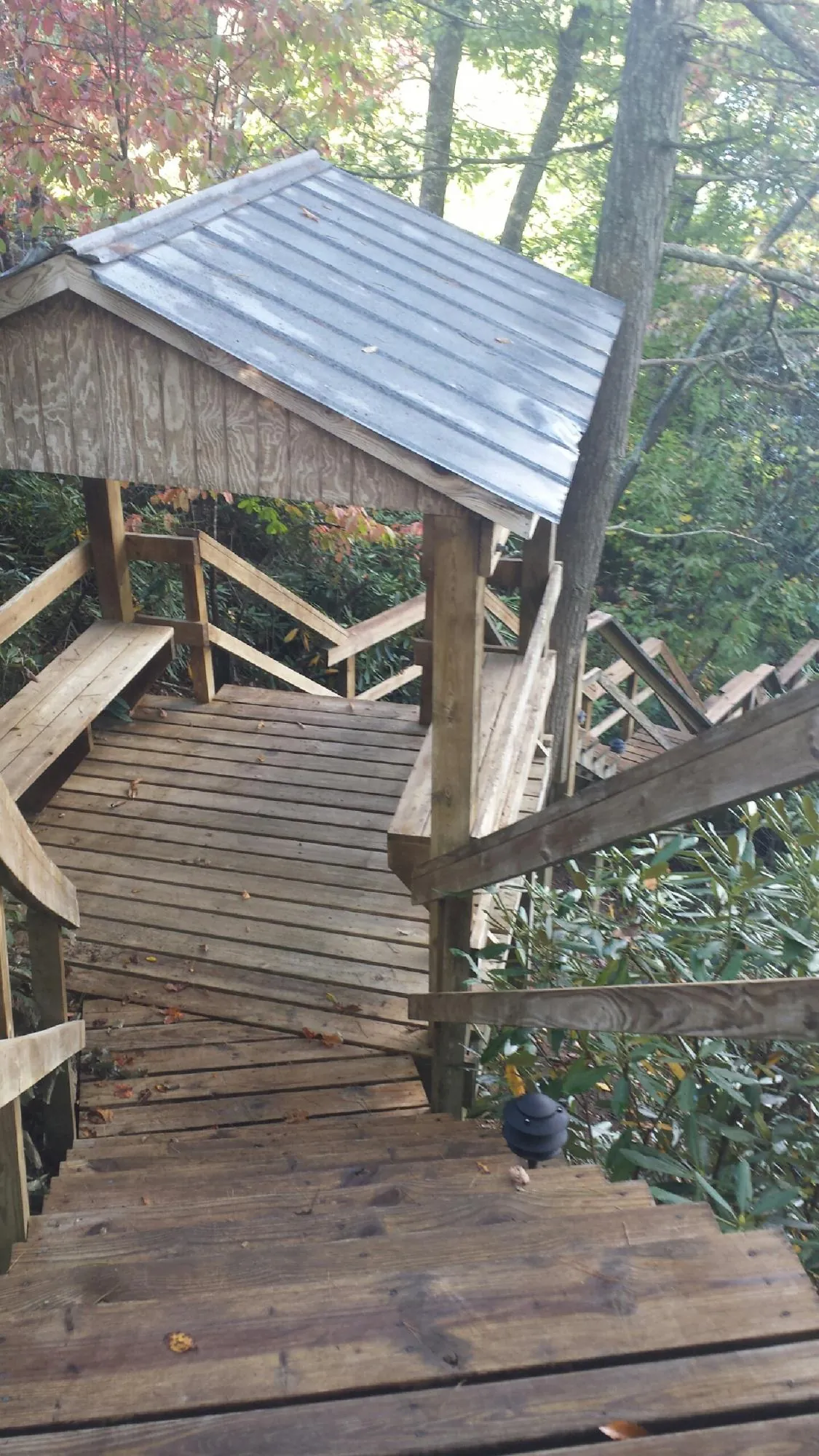 Metal roofed shelter over wooden steps on a wooded walkway — Skylight Repair & Installation work by our crew in Apple Creek